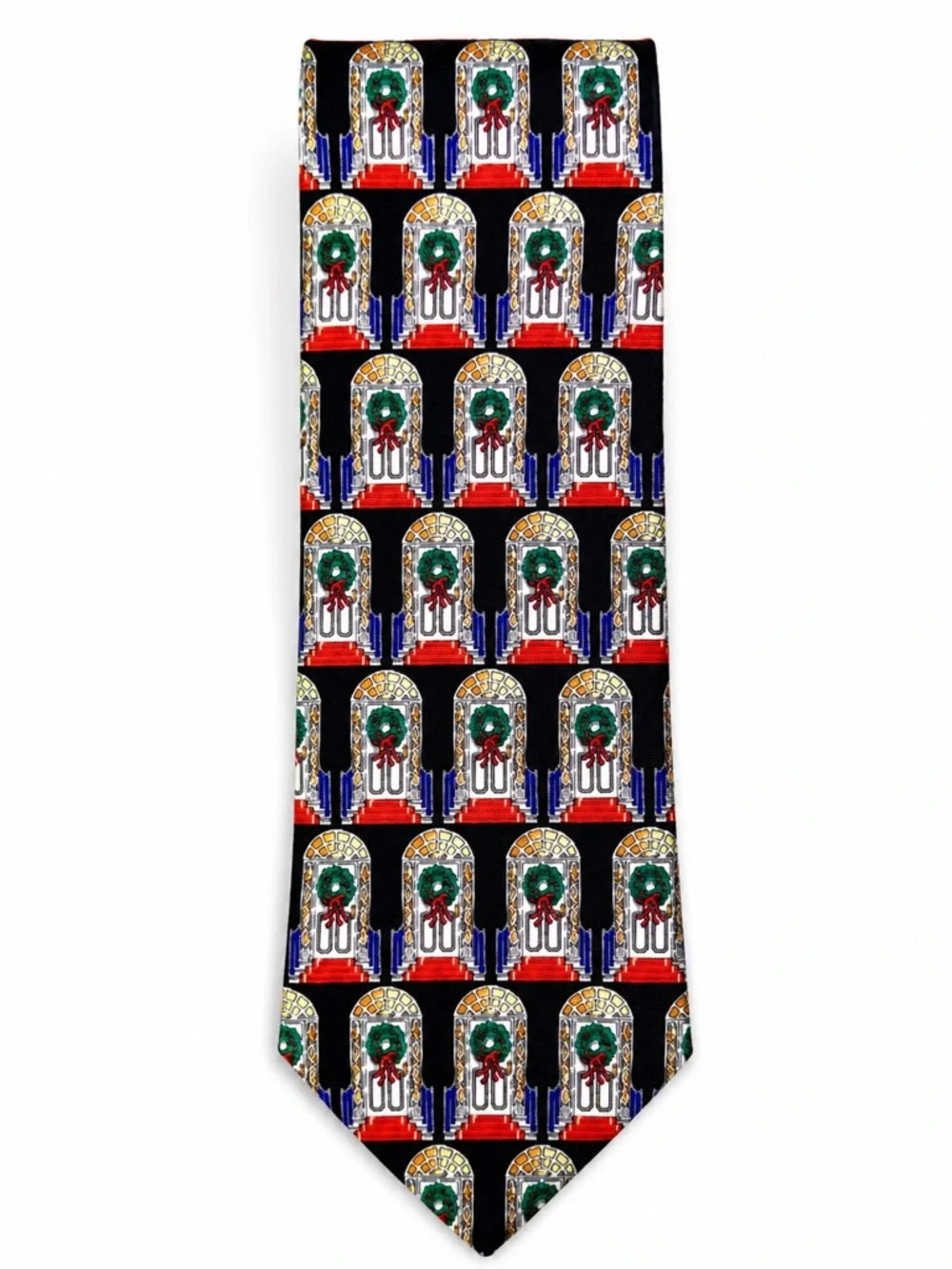 Holiday Traditions Hallmark Men’s Tie Black Christmas Wreath Silk 1996 3.5”